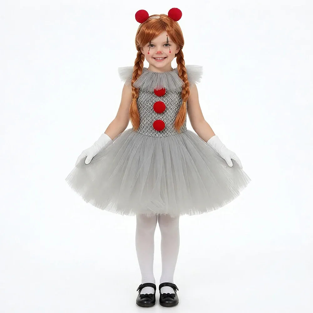 KissICON Halloween Costume Girls Gray Tutu Scary Vestidos Joker Dress Kids Cosplay Clown Costume Carnival Party Dress Up