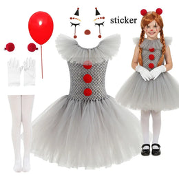 KissICON Halloween Costume Girls Gray Tutu Scary Vestidos Joker Dress Kids Cosplay Clown Costume Carnival Party Dress Up