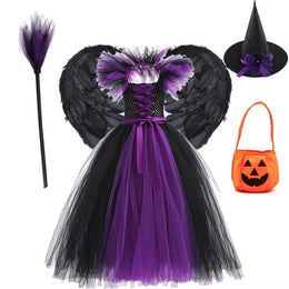 KissICON Halloween Costume Kids Girls Gothic Witch Black Purple Horror Dress Full Accessories Set Cosplay For Party Trick Or Treat