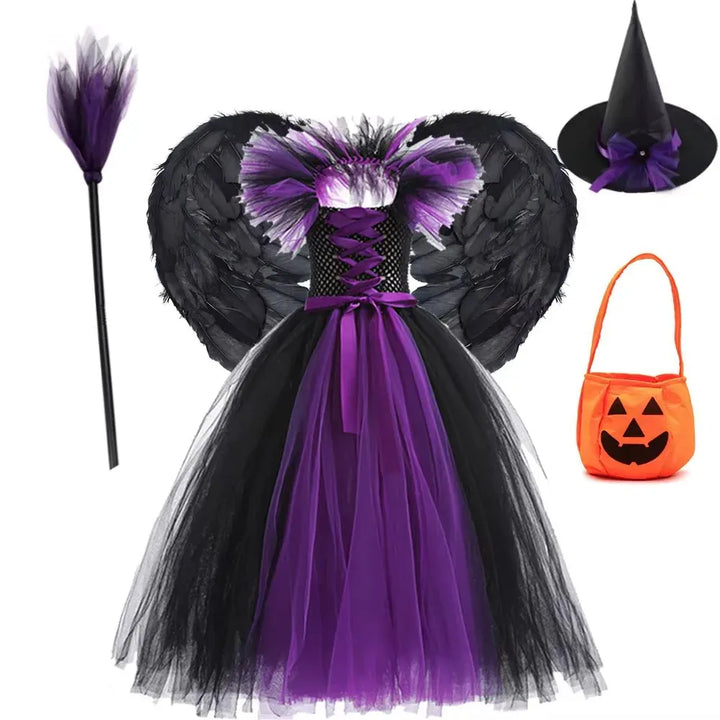 Halloween Costume Kids Girls Gothic Witch Black Purple Horror Dress Full Accessories Set Cosplay For Party Trick Or Treat