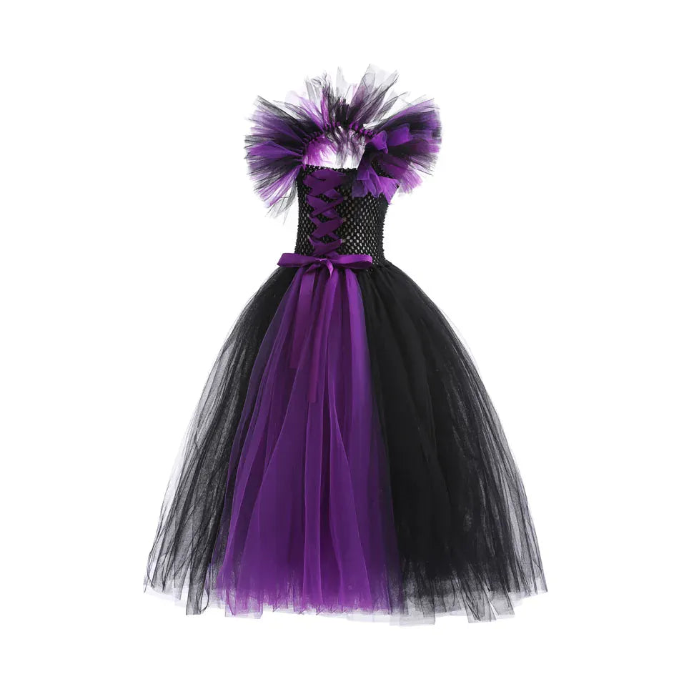 KissICON Halloween Costume Kids Girls Gothic Witch Black Purple Horror Dress Full Accessories Set Cosplay For Party Trick Or Treat