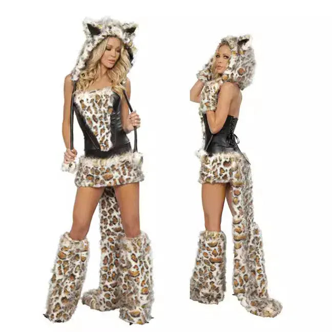KissICON Halloween Costume Woman Sexy Animals Bunny White Leopard Fox Roleplay Outfit Hooded Dress with Tail Carnival Cosplay Party