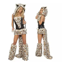 KissICON Halloween Costume Woman Sexy Animals Bunny White Leopard Fox Roleplay Outfit Hooded Dress with Tail Carnival Cosplay Party