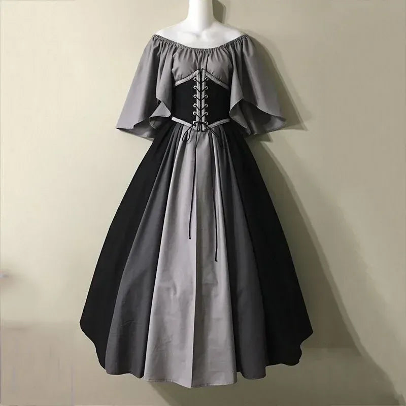KissICON Halloween Costumes for Women Medieval Retro Contrasting Color Slim Swing Dress One-word Shoulder Dress Love Live Cosplay