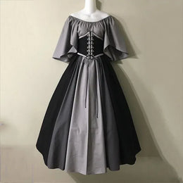 KissICON Halloween Costumes for Women Medieval Retro Contrasting Color Slim Swing Dress One-word Shoulder Dress Love Live Cosplay