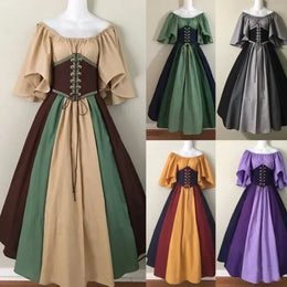 KissICON Halloween Costumes for Women Medieval Retro Contrasting Color Slim Swing Dress One-word Shoulder Dress Love Live Cosplay