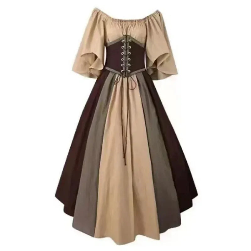 KissICON Halloween Costumes for Women Medieval Retro Contrasting Color Slim Swing Dress One-word Shoulder Dress Love Live Cosplay