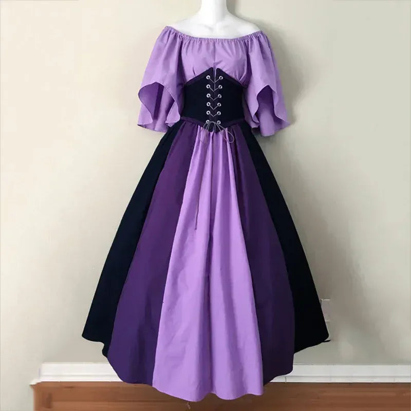 KissICON Halloween Costumes for Women Medieval Retro Contrasting Color Slim Swing Dress One-word Shoulder Dress Love Live Cosplay