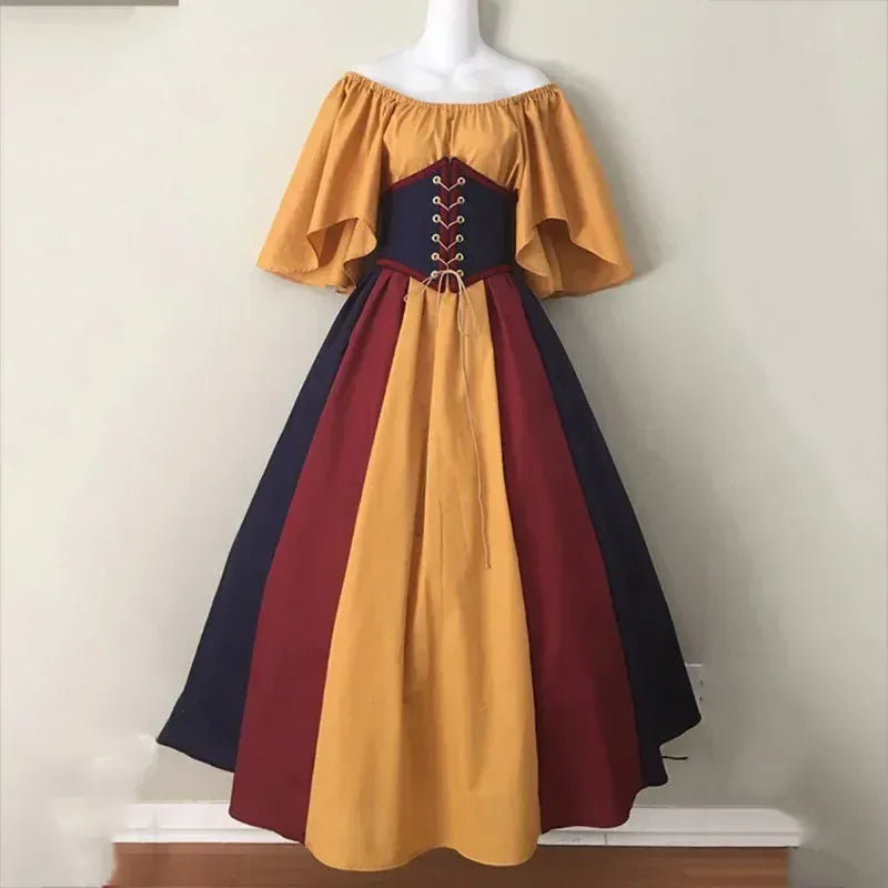 KissICON Halloween Costumes for Women Medieval Retro Contrasting Color Slim Swing Dress One-word Shoulder Dress Love Live Cosplay