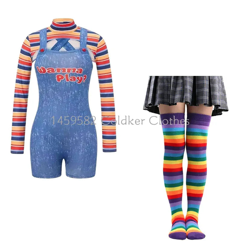 KissICON Halloween Costumes for Women Scary Nightmare Killer Doll Wanna Play Movie Character Chucky Doll Costume With Stockings