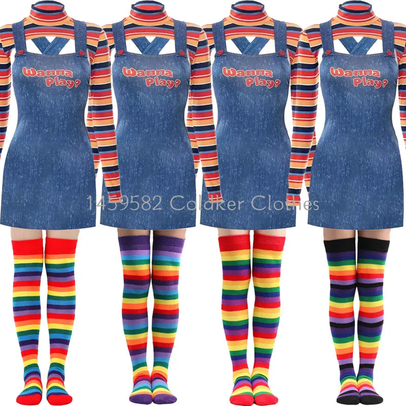 KissICON Halloween Costumes for Women Scary Nightmare Killer Doll Wanna Play Movie Character Chucky Doll Costume With Stockings