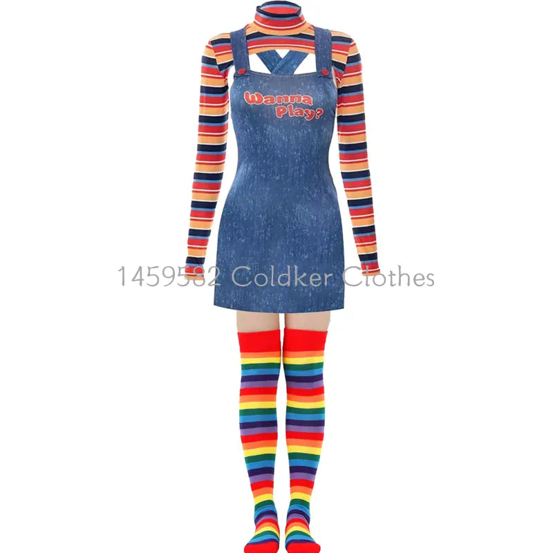 KissICON Halloween Costumes for Women Scary Nightmare Killer Doll Wanna Play Movie Character Chucky Doll Costume With Stockings