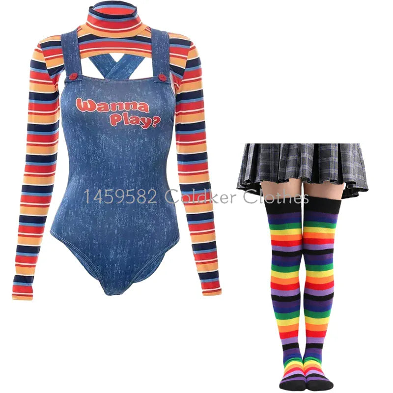 KissICON Halloween Costumes for Women Scary Nightmare Killer Doll Wanna Play Movie Character Chucky Doll Costume With Stockings