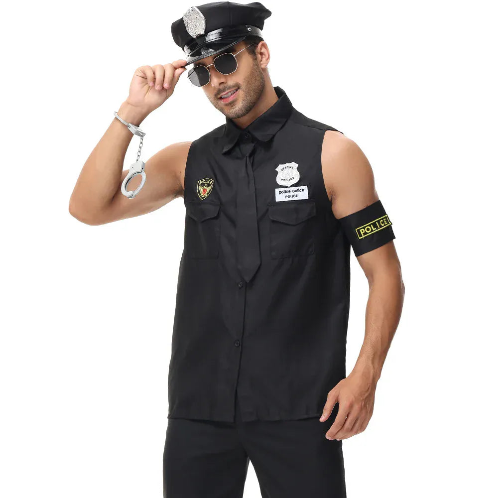 KissICON Halloween Costumes Handsome Men Police Uniform Top Purim Carnival Party Cosplay Cop Officer Fancy Clothing