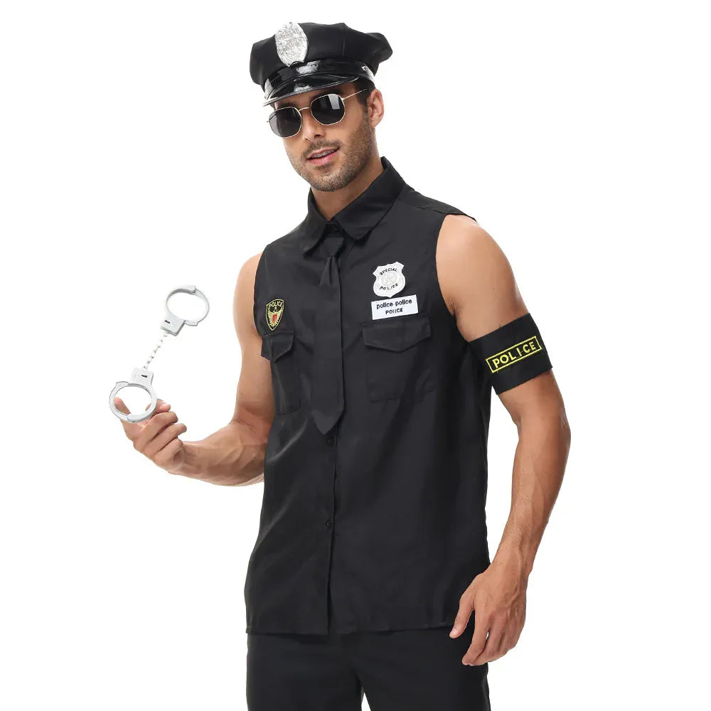 KissICON Halloween Costumes Handsome Men Police Uniform Top Purim Carnival Party Cosplay Cop Officer Fancy Clothing