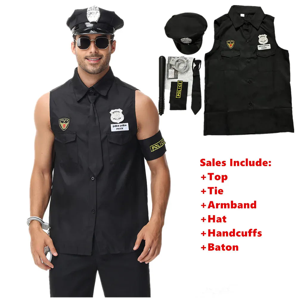 KissICON Halloween Costumes Handsome Men Police Uniform Top Purim Carnival Party Cosplay Cop Officer Fancy Clothing