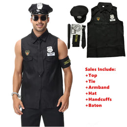 KissICON Halloween Costumes Handsome Men Police Uniform Top Purim Carnival Party Cosplay Cop Officer Fancy Clothing