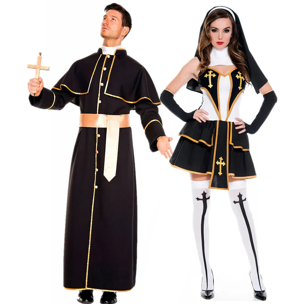 KissICON Halloween Costumes Religious Pastor Father Priest Pope Costume Medieval Nun Cosplay Carnival Party Fancy Dress Up for Men Women