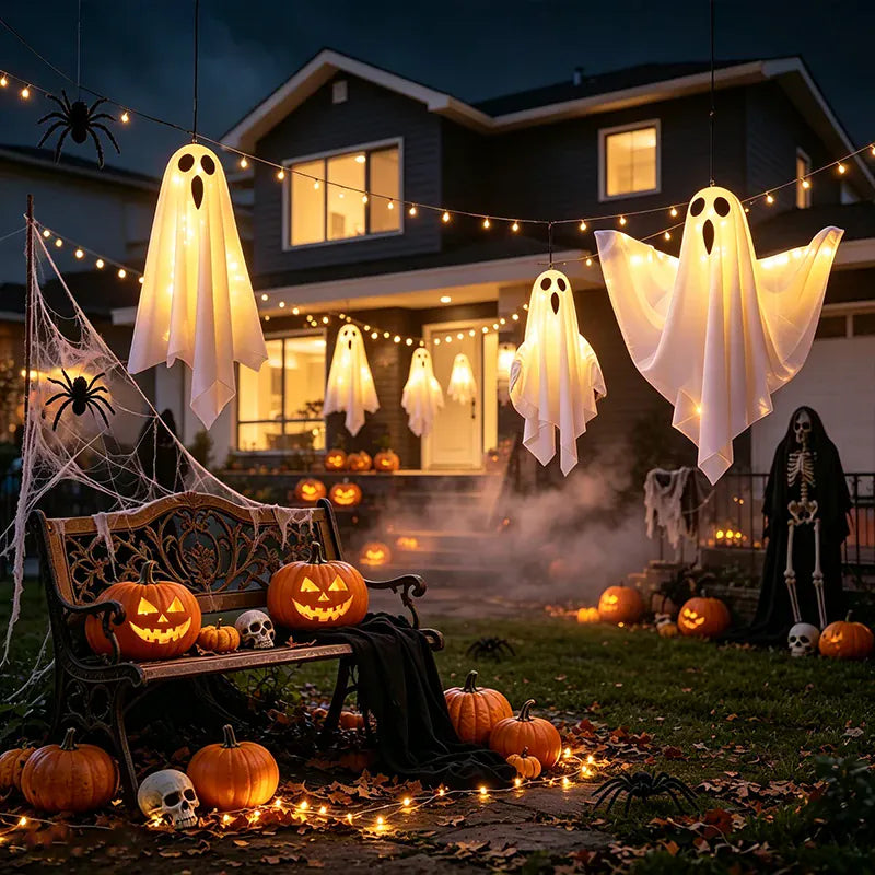 KissICON Halloween Decor Hanging Ghost Lamp LED Lighted Ghost Hanging Decor Halloween Party Favor Gift for Home Garden Decor