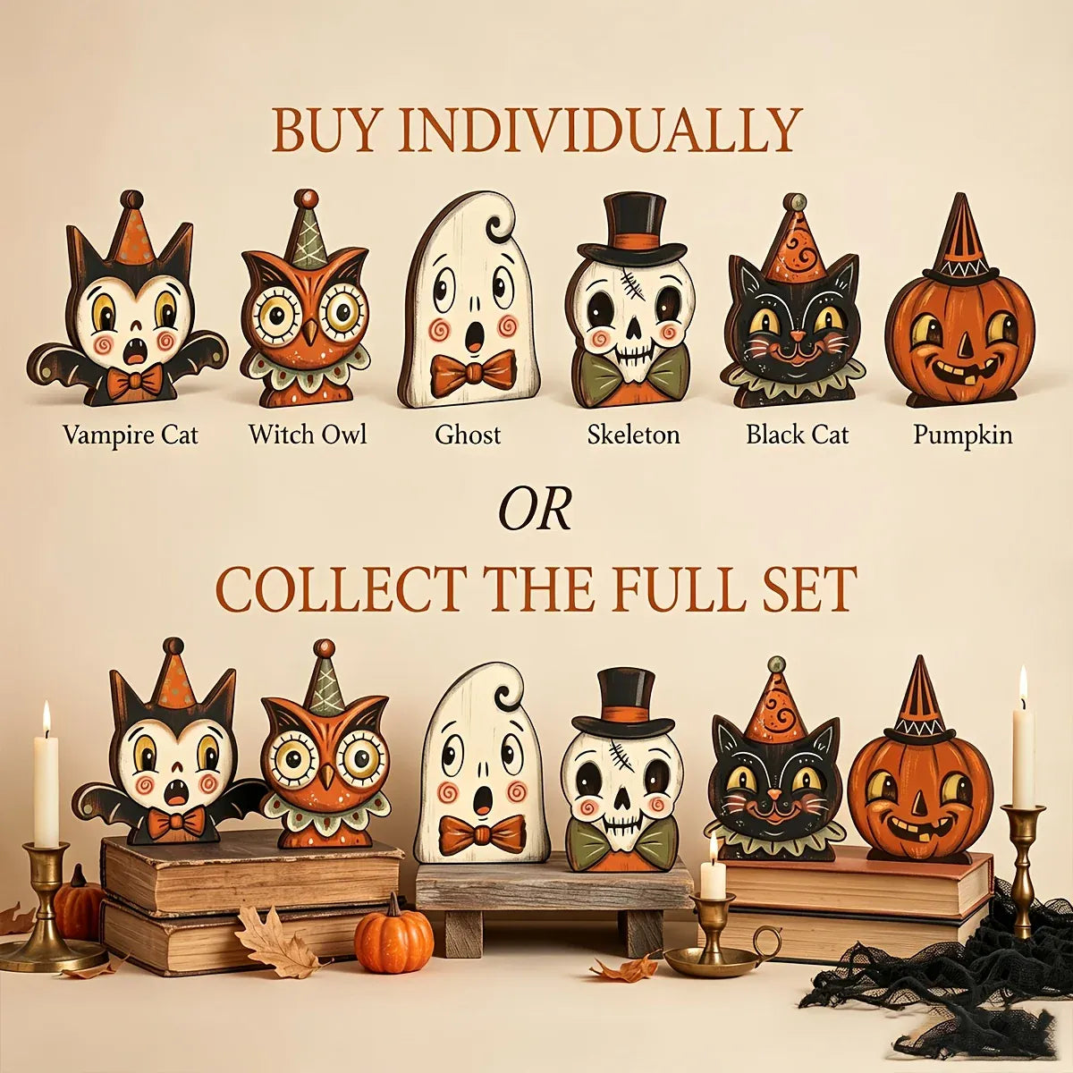 KissICON Halloween Decor Indoor,Retro Wooden Block for Shelf Decoration,Cute Ghost,Pumpkin,Black Cat,Skeleton,Witch Owl,Housewarming Gift
