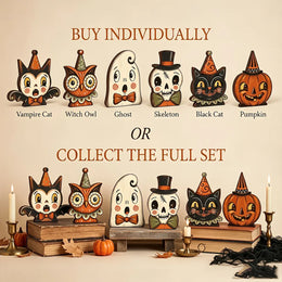 KissICON Halloween Decor Indoor,Retro Wooden Block for Shelf Decoration,Cute Ghost,Pumpkin,Black Cat,Skeleton,Witch Owl,Housewarming Gift