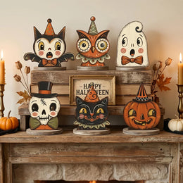 KissICON Halloween Decor Indoor,Retro Wooden Block for Shelf Decoration,Cute Ghost,Pumpkin,Black Cat,Skeleton,Witch Owl,Housewarming Gift