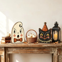 KissICON Halloween Decor Indoor,Retro Wooden Block for Shelf Decoration,Cute Ghost,Pumpkin,Black Cat,Skeleton,Witch Owl,Housewarming Gift