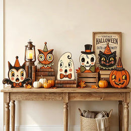 KissICON Halloween Decor Indoor,Retro Wooden Block for Shelf Decoration,Cute Ghost,Pumpkin,Black Cat,Skeleton,Witch Owl,Housewarming Gift