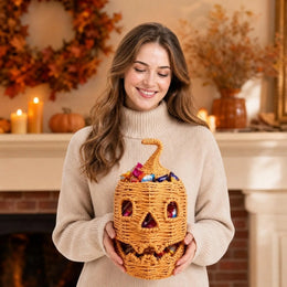 KissICON Halloween Decorations Hand-Woven Wicker Pumpkin Lantern Witch Hat Storage Box Home Decorative Statue Ornaments Christmas Decor