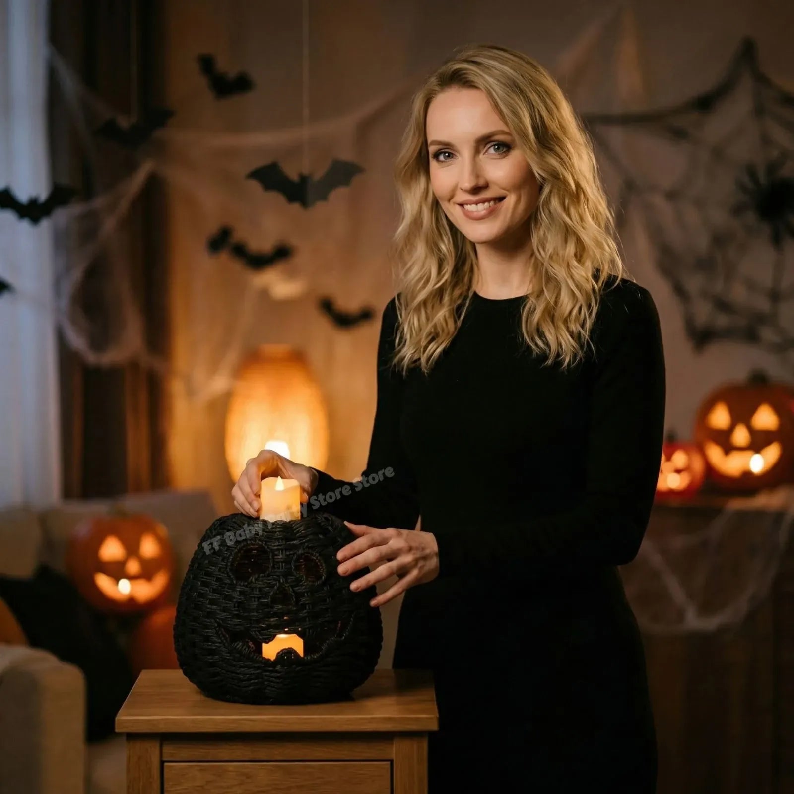 KissICON Halloween Decorations Hand-Woven Wicker Pumpkin Lantern Witch Hat Storage Box Home Decorative Statue Ornaments Christmas Decor