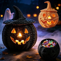 KissICON Halloween Decorations Hand-Woven Wicker Pumpkin Lantern Witch Hat Storage Box Home Decorative Statue Ornaments Christmas Decor