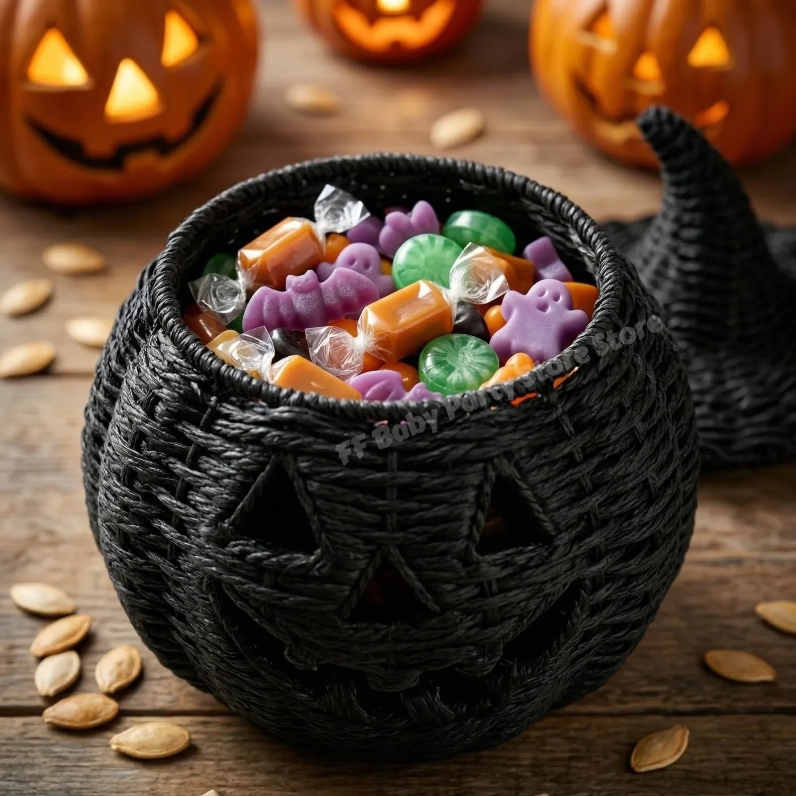 KissICON Halloween Decorations Hand-Woven Wicker Pumpkin Lantern Witch Hat Storage Box Home Decorative Statue Ornaments Christmas Decor