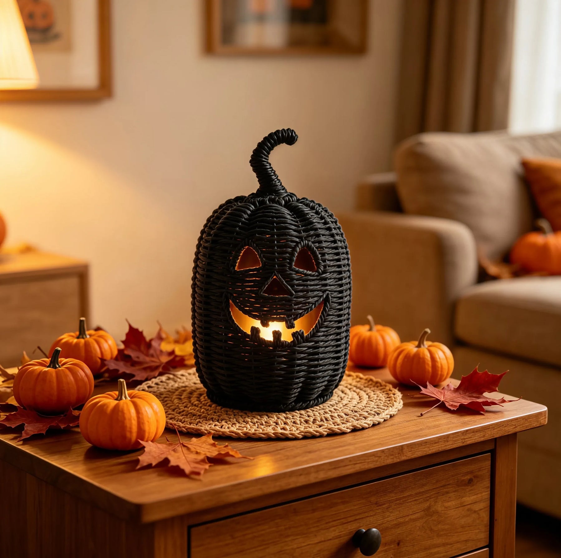 KissICON Halloween Decorations Hand-Woven Wicker Pumpkin Lantern Witch Hat Storage Box Home Decorative Statue Ornaments Christmas Decor