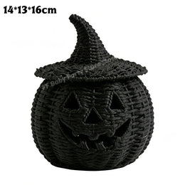 KissICON Halloween Decorations Hand-Woven Wicker Pumpkin Lantern Witch Hat Storage Box Home Decorative Statue Ornaments Christmas Decor