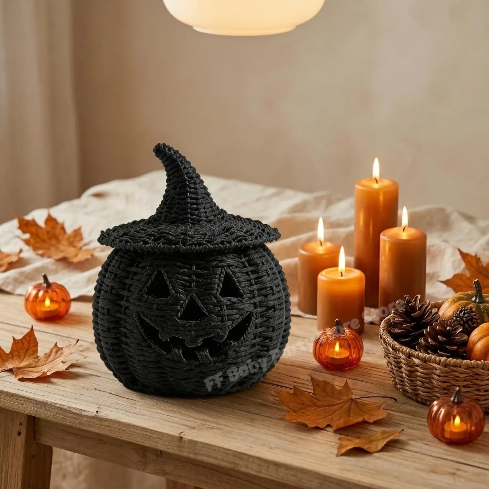 KissICON Halloween Decorations Hand-Woven Wicker Pumpkin Lantern Witch Hat Storage Box Home Decorative Statue Ornaments Christmas Decor
