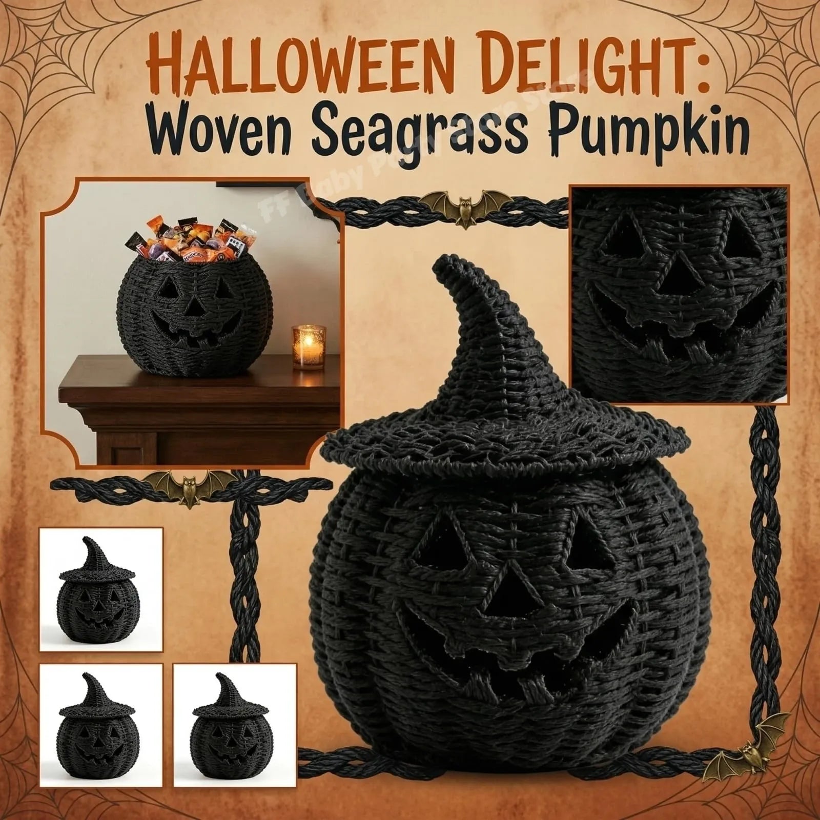 KissICON Halloween Decorations Hand-Woven Wicker Pumpkin Lantern Witch Hat Storage Box Home Decorative Statue Ornaments Christmas Decor