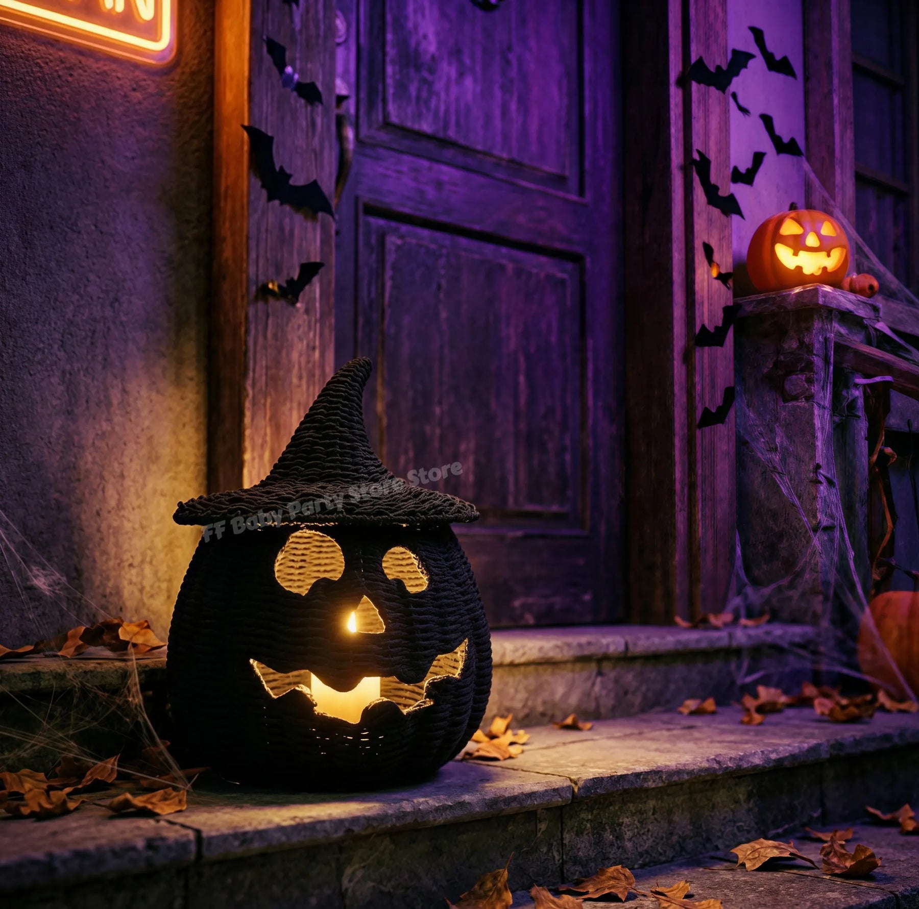 KissICON Halloween Decorations Hand-Woven Wicker Pumpkin Lantern Witch Hat Storage Box Home Decorative Statue Ornaments Christmas Decor