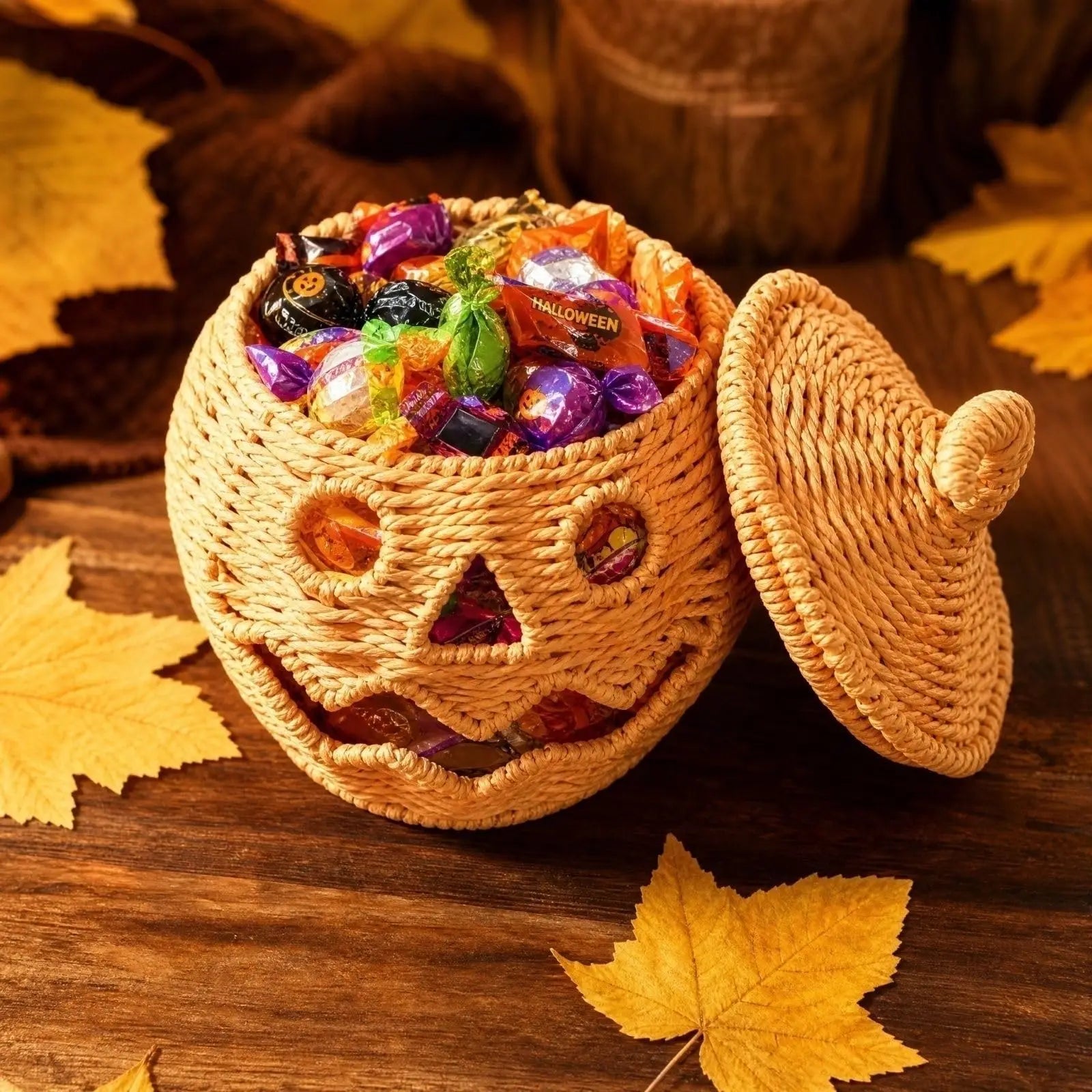 KissICON Halloween Decorations Hand-Woven Wicker Pumpkin Lantern Witch Hat Storage Box Home Decorative Statue Ornaments Christmas Decor