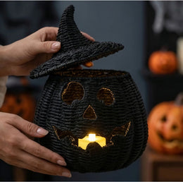 KissICON Halloween Decorations Hand-Woven Wicker Pumpkin Lantern Witch Hat Storage Box Home Decorative Statue Ornaments Christmas Decor