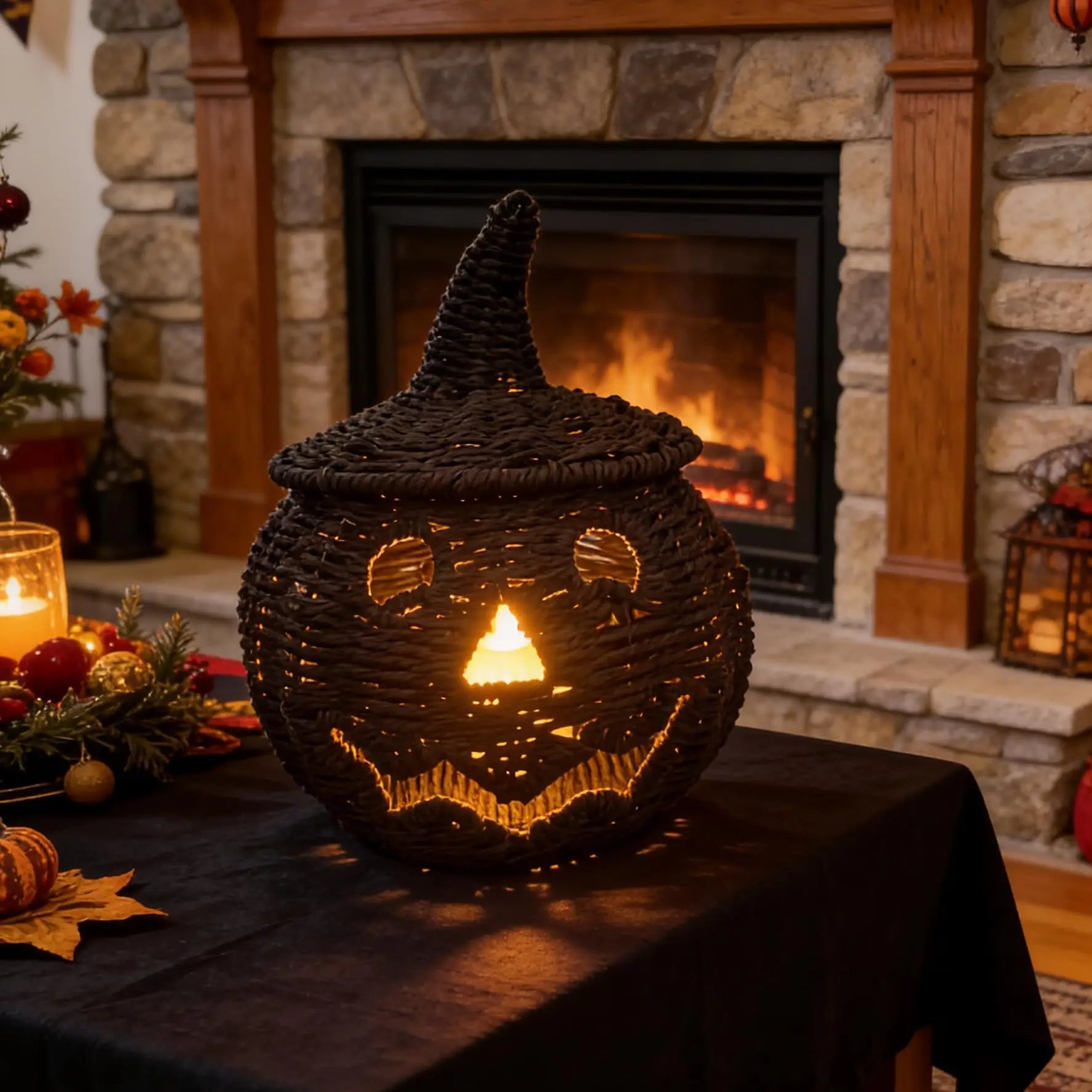 KissICON Halloween Decorations Hand-Woven Wicker Pumpkin Lantern Witch Hat Storage Box Home Decorative Statue Ornaments Christmas Decor