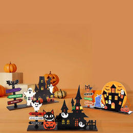 KissICON Halloween desktop decoration, haunted house pumpkin wooden center logo, eerie Halloween decoration for family gathering tables