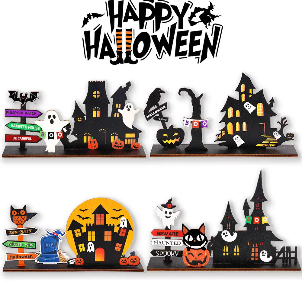 KissICON Halloween desktop decoration, haunted house pumpkin wooden center logo, eerie Halloween decoration for family gathering tables