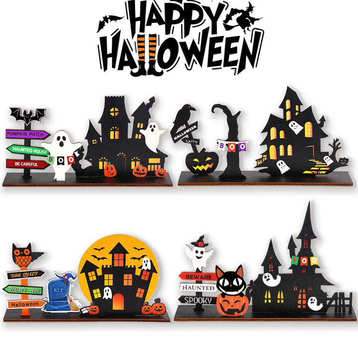 Halloween desktop decoration, haunted house pumpkin wooden center logo, eerie Halloween decoration for family gathering tables