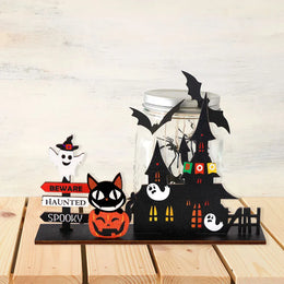 KissICON Halloween desktop decoration, haunted house pumpkin wooden center logo, eerie Halloween decoration for family gathering tables
