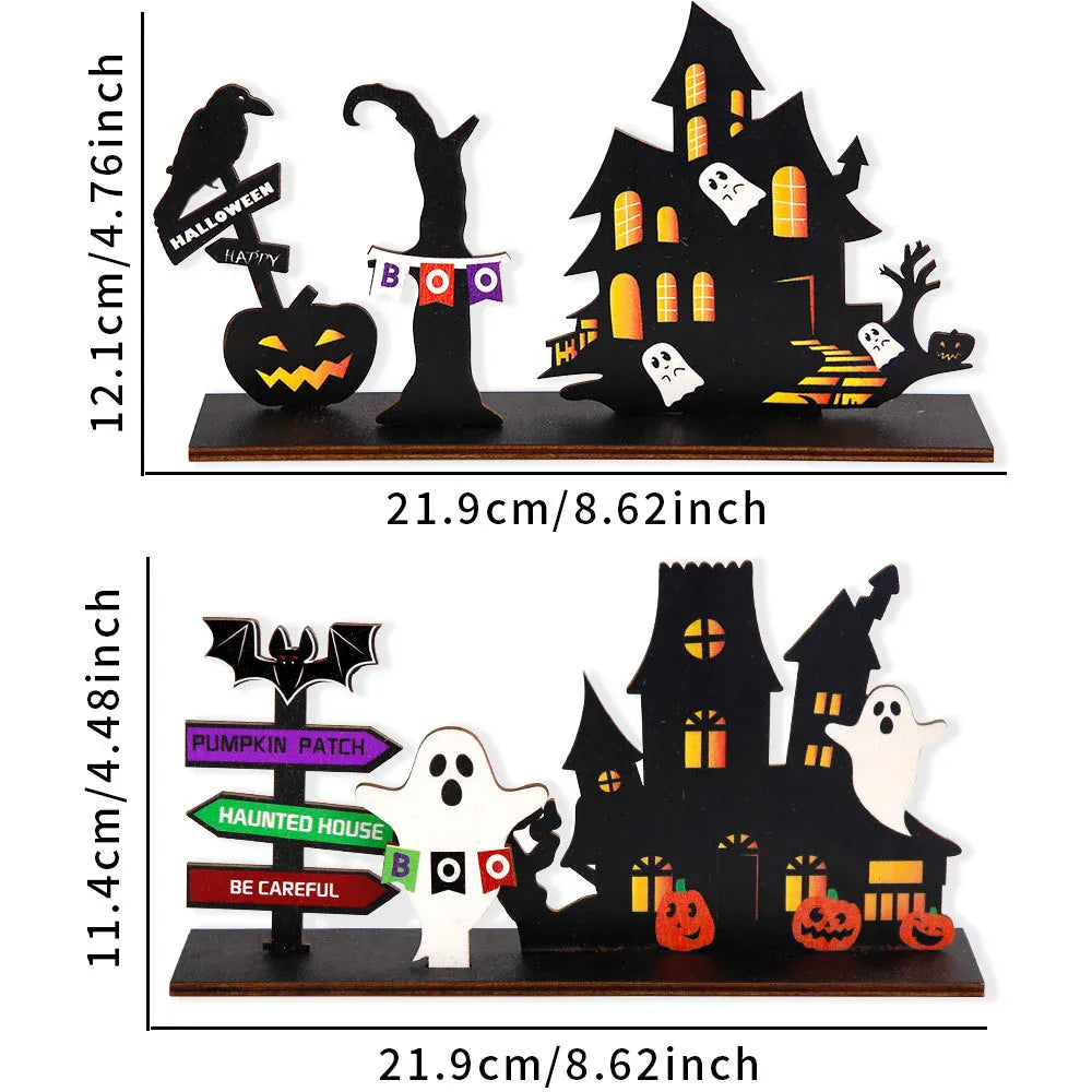 KissICON Halloween desktop decoration, haunted house pumpkin wooden center logo, eerie Halloween decoration for family gathering tables