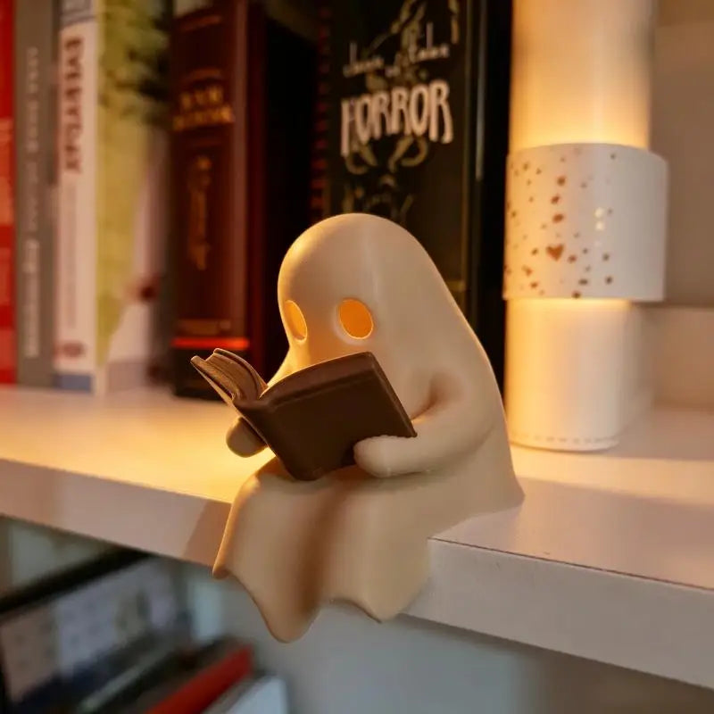 KissICON Halloween Desktop Ornament Ghost Reading Book Lamp Warm Ambient Light for Holiday Party Home Office Desk Decoration