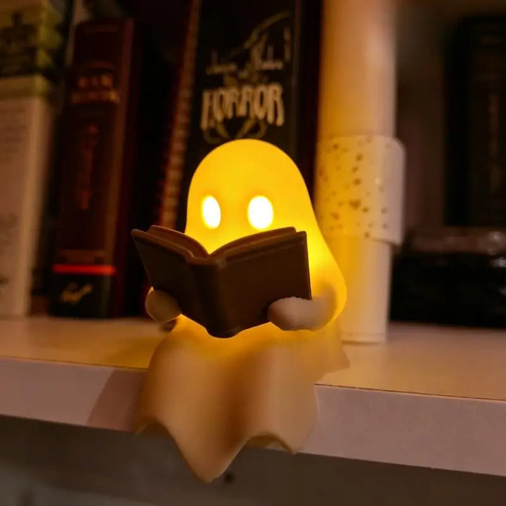 Halloween Desktop Ornament Ghost Reading Book Lamp Warm Ambient Light for Holiday Party Home Office Desk Decoration