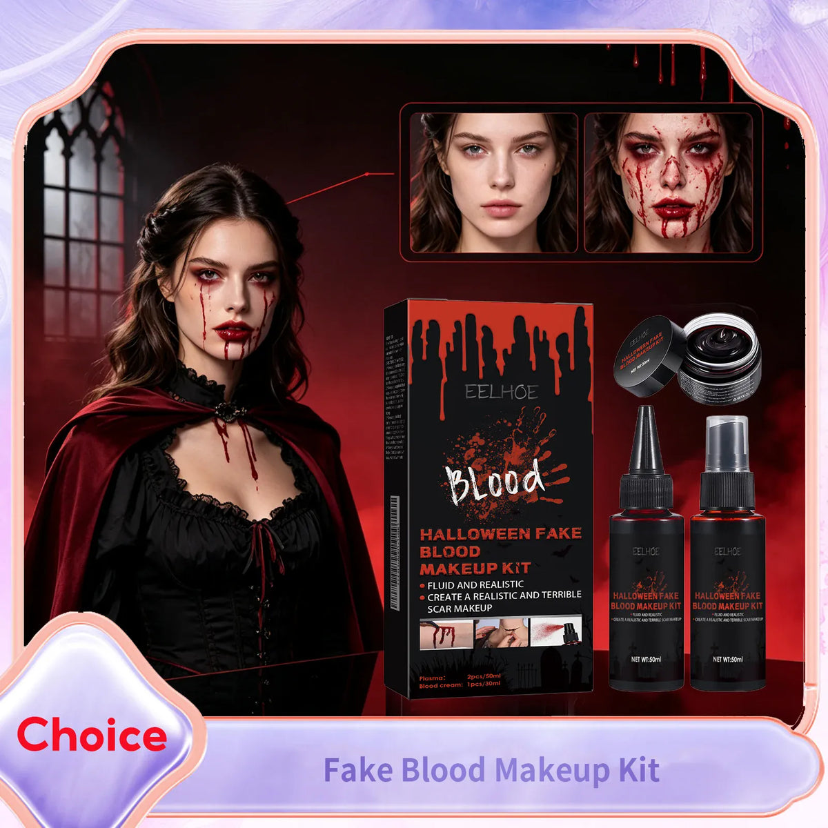KissICON Halloween Fake Blood Makeup Kit Realistic Washable Fake Scar Wound Paint Spray Drops Thick Blood Paste Vampire Cosplay Make Up