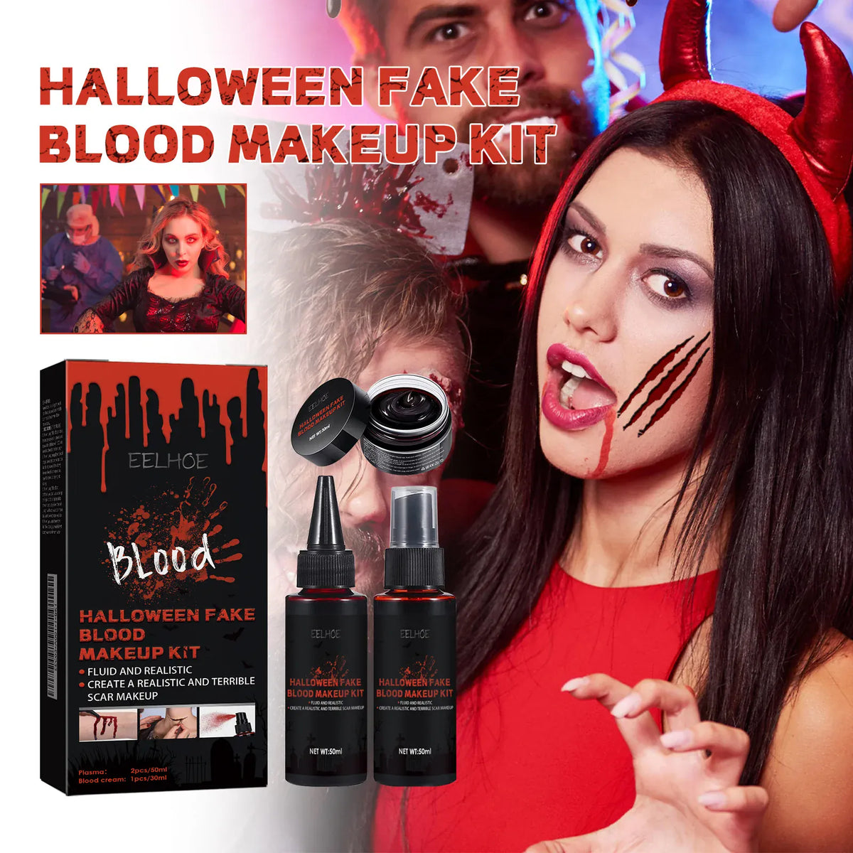 KissICON Halloween Fake Blood Makeup Kit Realistic Washable Fake Scar Wound Paint Spray Drops Thick Blood Paste Vampire Cosplay Make Up
