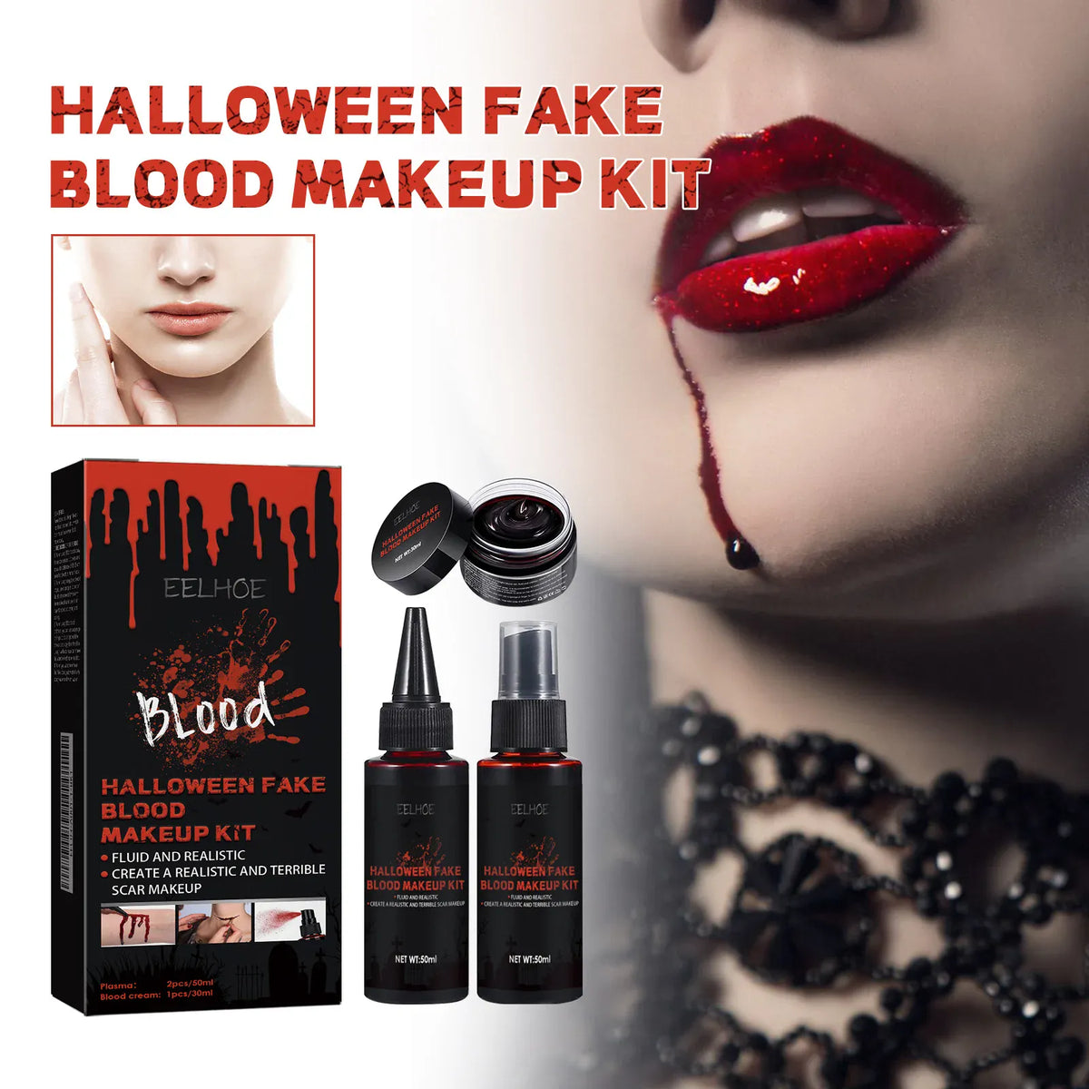 KissICON Halloween Fake Blood Makeup Kit Realistic Washable Fake Scar Wound Paint Spray Drops Thick Blood Paste Vampire Cosplay Make Up